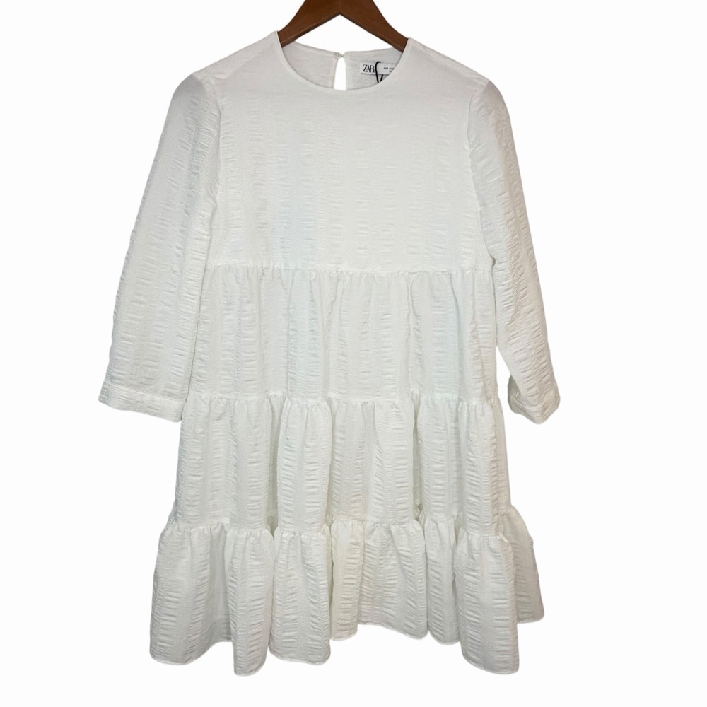 Zara The Sharon Dress Women S White Textured 3/4 Slv Tiered Babydoll Cottagecore